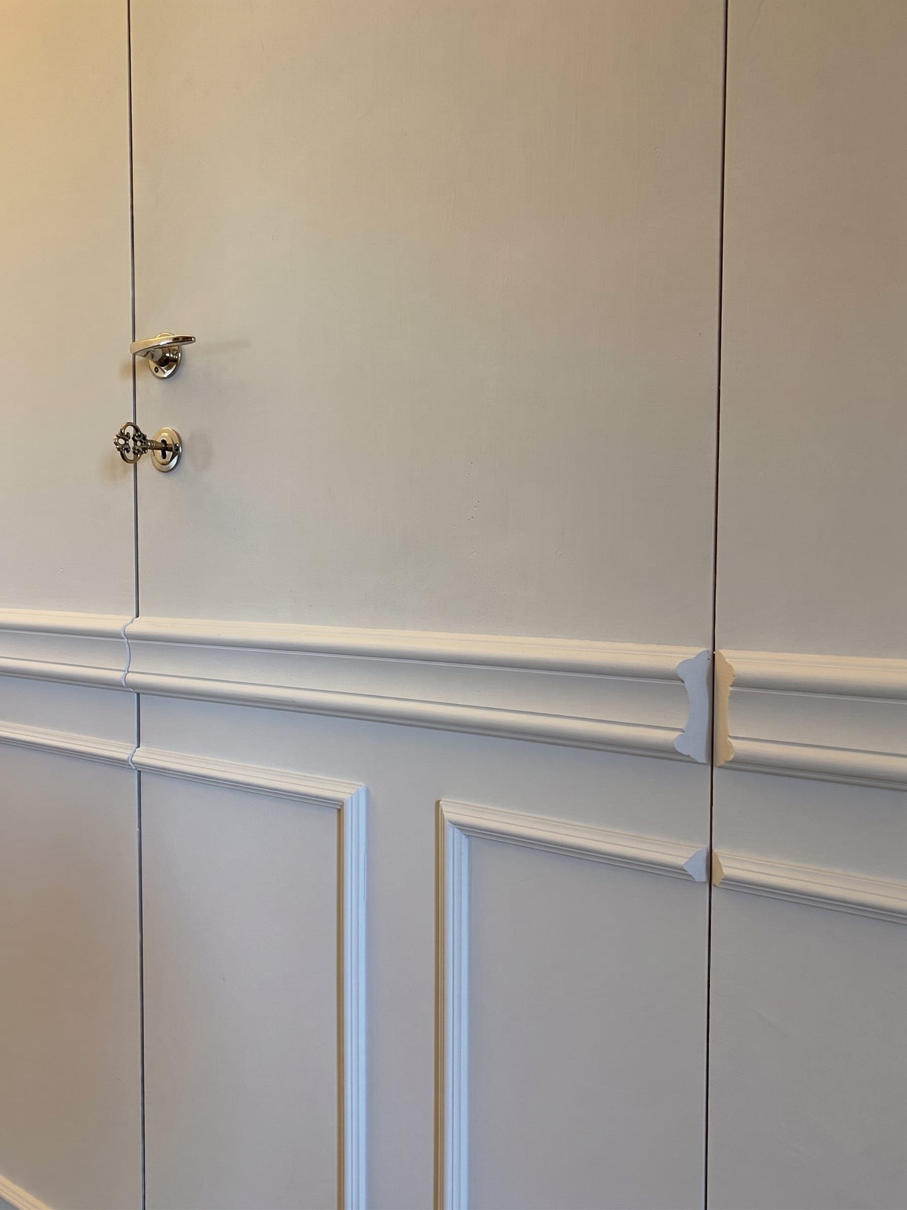 Dettaglio porta con boiserie classica, maniglia dorata e cornici a rilievo
