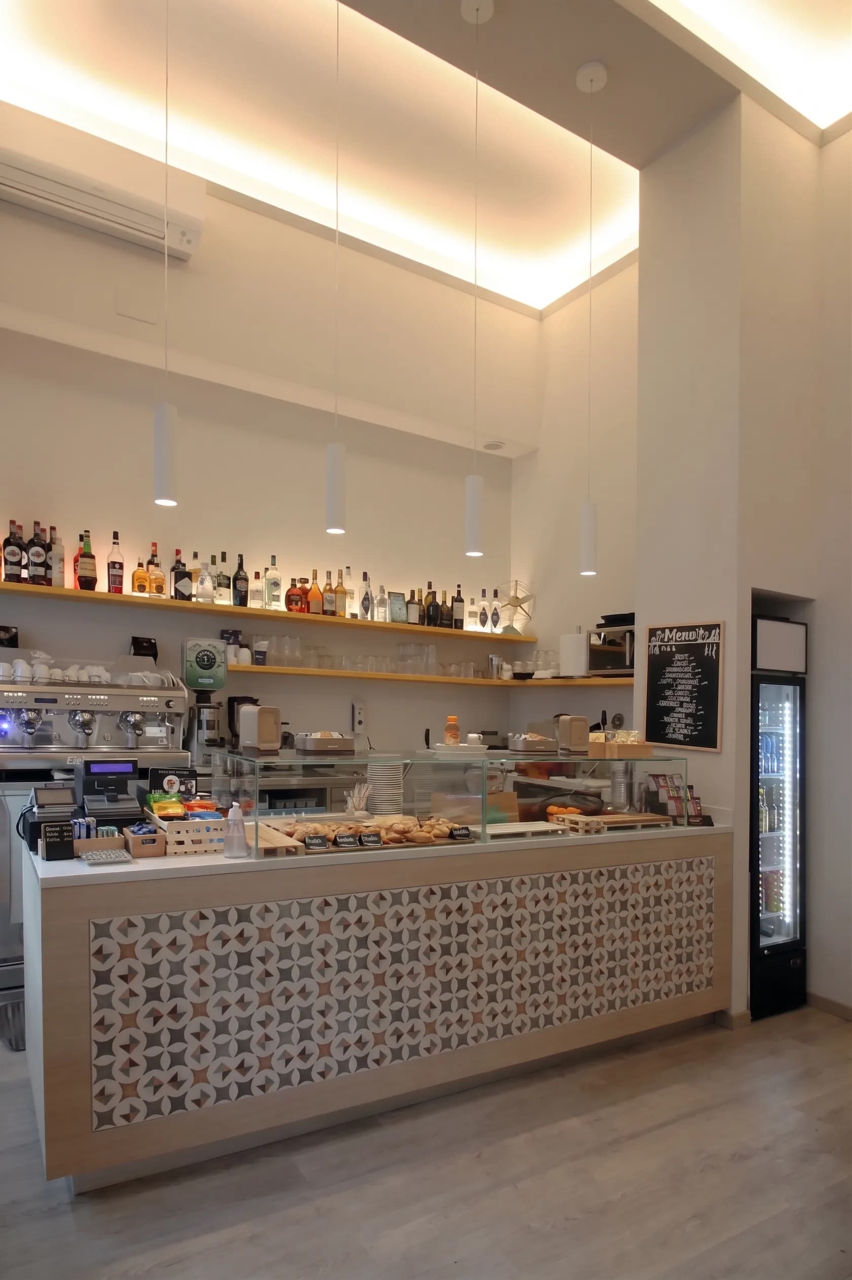 Bancone bar frontale con piastrelle decorative, macchina espresso, scaffali e illuminazione LED