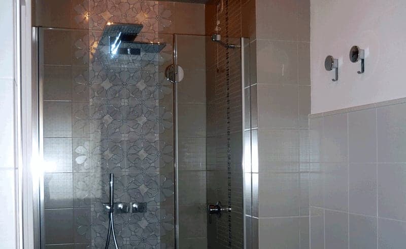 Doccia con box in vetro, piastrelle decorative a fiori e soffione a cascata